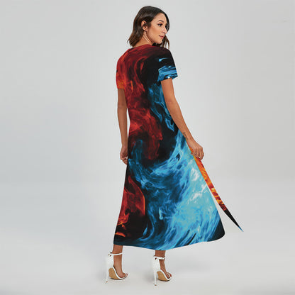 Red And Blue Twin Flame Print Short Sleeve Maxi Dress