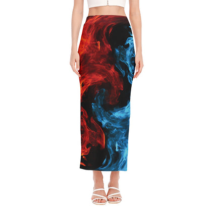 Red And Blue Twin Flame Print Side Slit Maxi Skirt