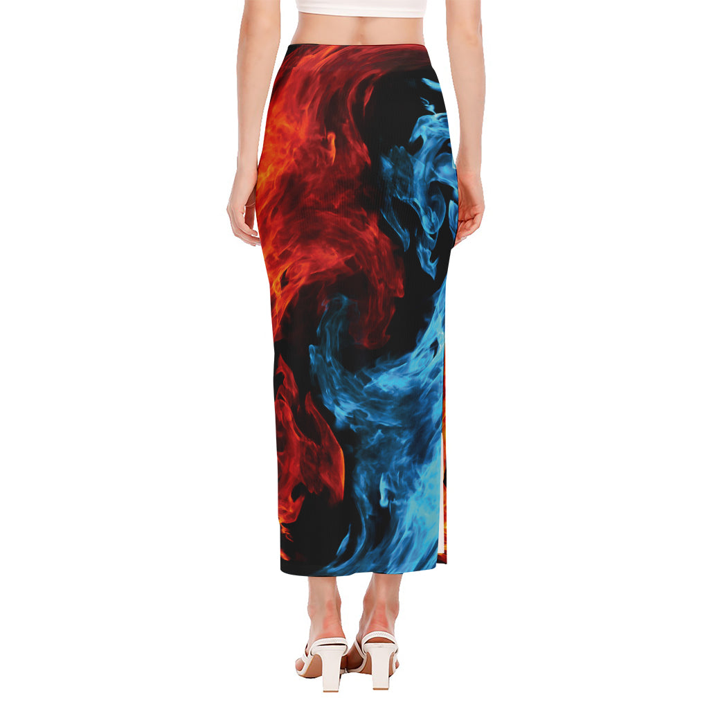Red And Blue Twin Flame Print Side Slit Maxi Skirt