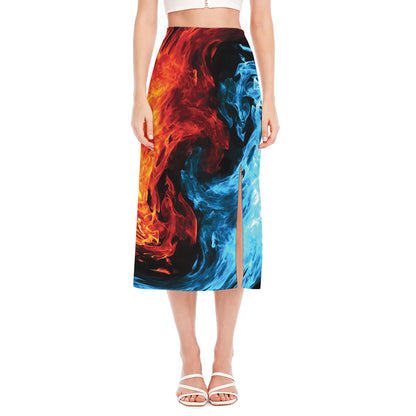 Red And Blue Twin Flame Print Side Slit Midi Skirt