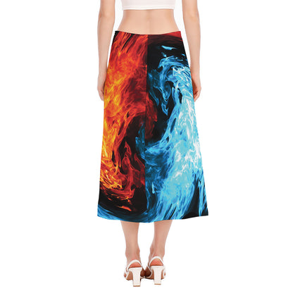 Red And Blue Twin Flame Print Side Slit Midi Skirt