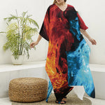 Red And Blue Twin Flame Print Silk V-Neck Kaftan Dress