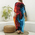 Red And Blue Twin Flame Print Silk V-Neck Kaftan Dress