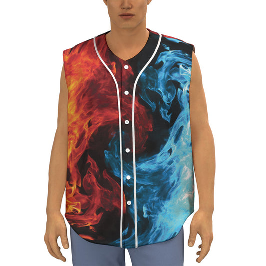 Red And Blue Twin Flame Print Sleeveless Baseball Jersey