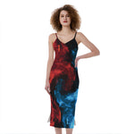 Red And Blue Twin Flame Print Slim Fit Midi Cami Dress