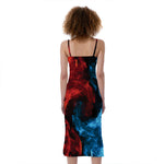 Red And Blue Twin Flame Print Slim Fit Midi Cami Dress