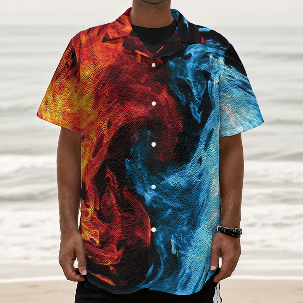 Red And Blue Twin Flame Print Textured Short Sleeve Shirt