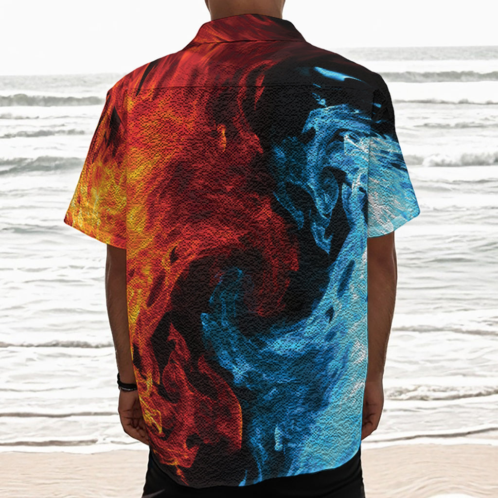 Red And Blue Twin Flame Print Textured Short Sleeve Shirt