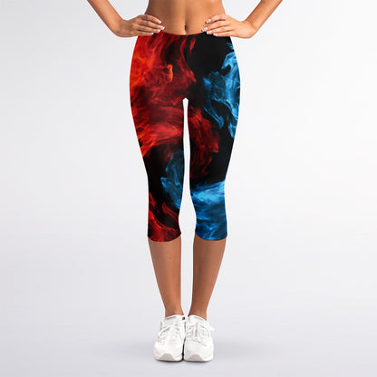 Red And Blue Twin Flame Print Women's Capri Leggings