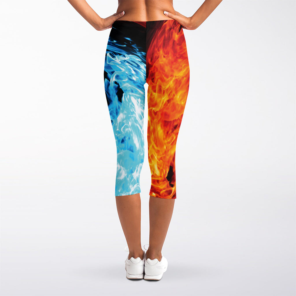 Red And Blue Twin Flame Print Women's Capri Leggings
