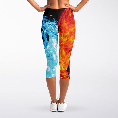 Red And Blue Twin Flame Print Women's Capri Leggings