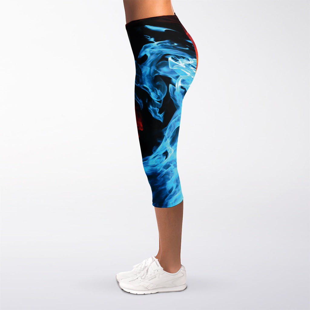 Red And Blue Twin Flame Print Women's Capri Leggings
