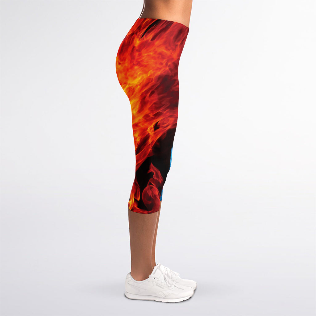Red And Blue Twin Flame Print Women's Capri Leggings