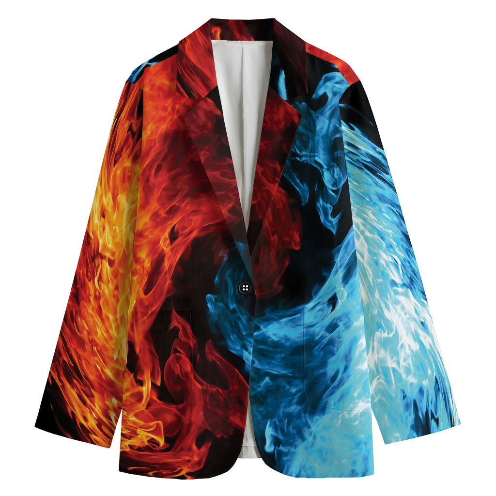 Red And Blue Twin Flame Print Women's Cotton Blazer