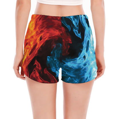 Red And Blue Twin Flame Print Women's Split Running Shorts