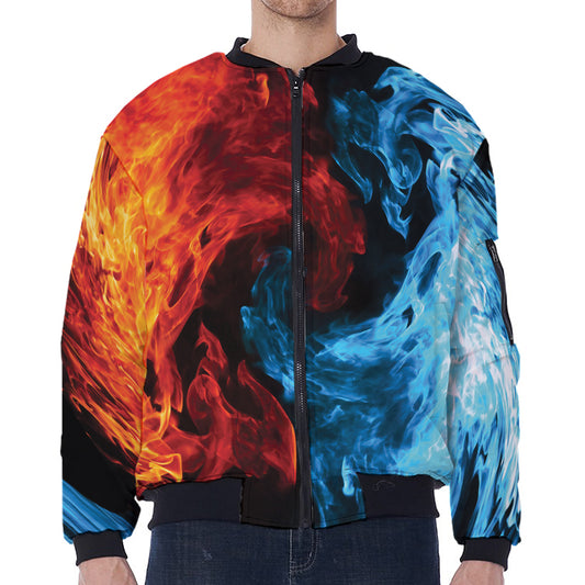 Red And Blue Twin Flame Print Zip Sleeve Bomber Jacket