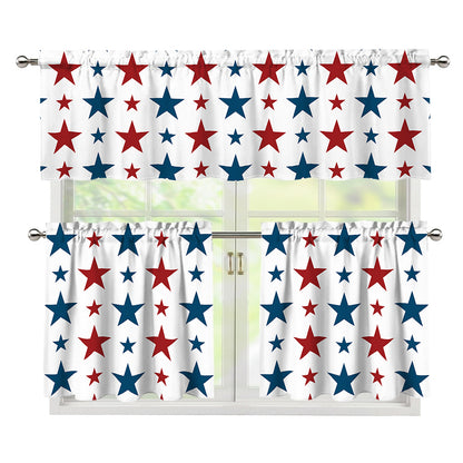 Red And Blue USA Star Pattern Print 3 Piece Kitchen Curtains