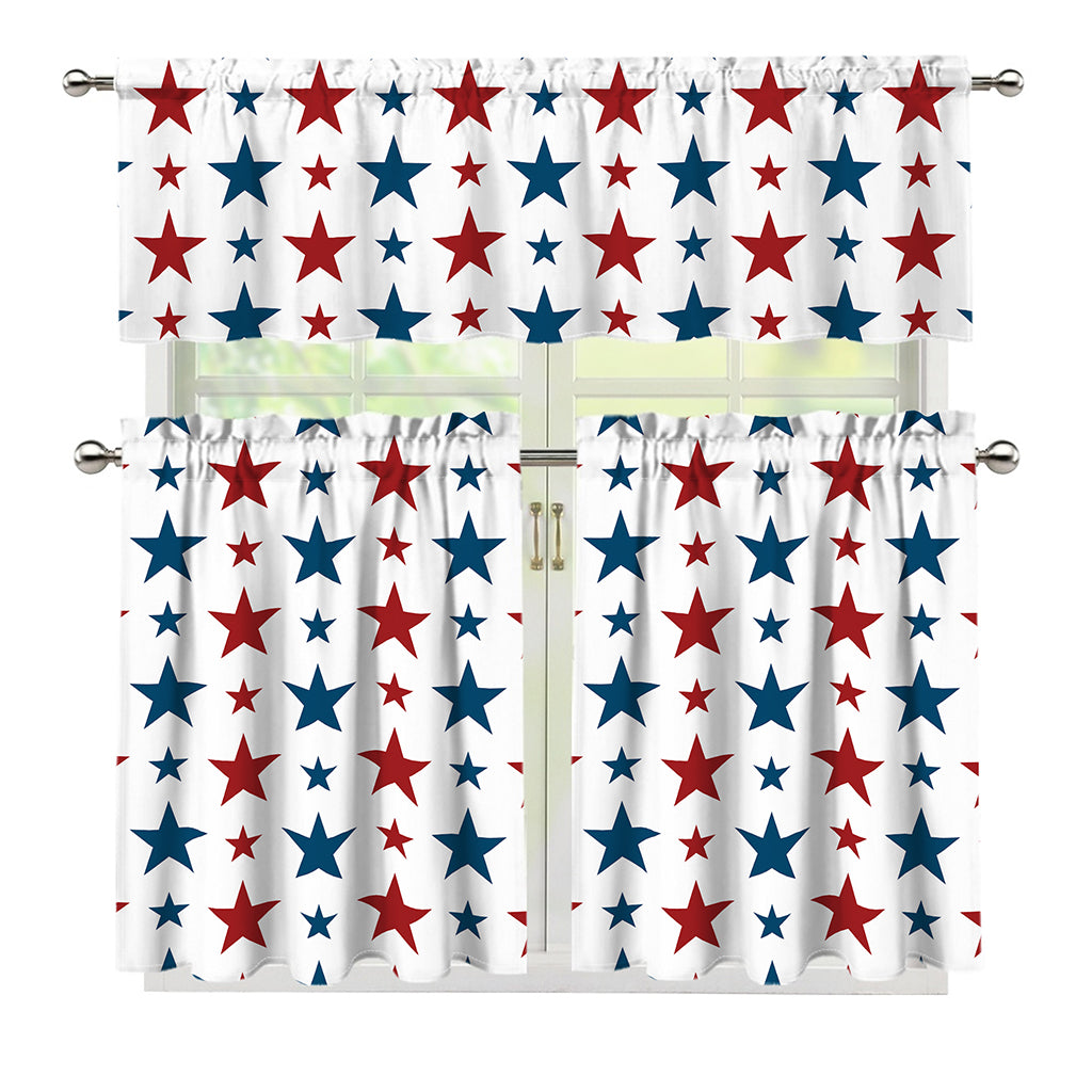Red And Blue USA Star Pattern Print 3 Piece Kitchen Curtains