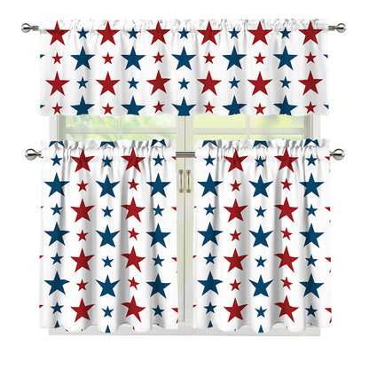 Red And Blue USA Star Pattern Print 3 Piece Kitchen Curtains