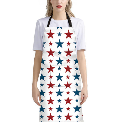 Red And Blue USA Star Pattern Print Bib Apron With Pocket