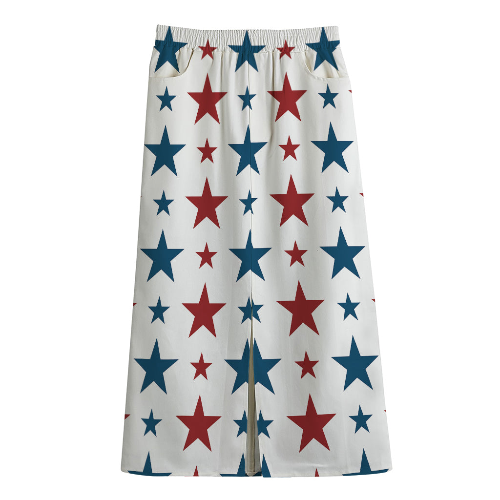 Red And Blue USA Star Pattern Print Cotton Front Slit Maxi Skirt