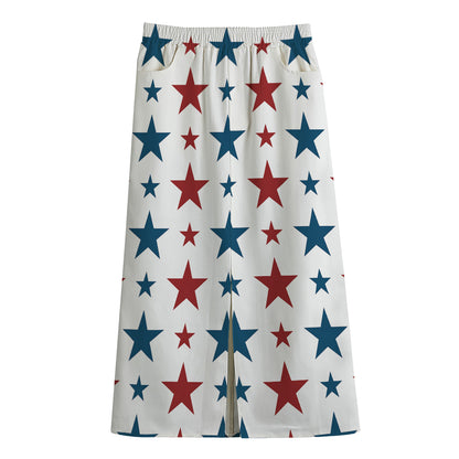 Red And Blue USA Star Pattern Print Cotton Front Slit Maxi Skirt
