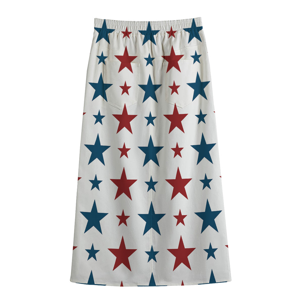 Red And Blue USA Star Pattern Print Cotton Front Slit Maxi Skirt