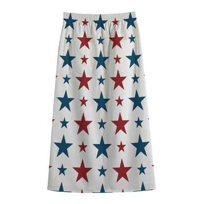 Red And Blue USA Star Pattern Print Cotton Front Slit Maxi Skirt