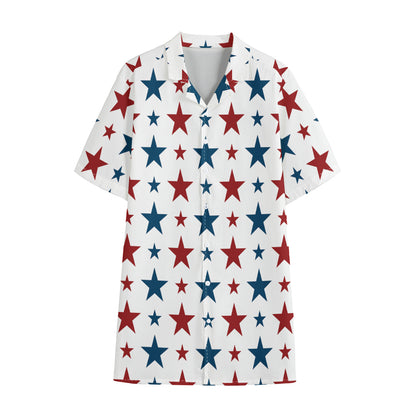Red And Blue USA Star Pattern Print Cotton Hawaiian Shirt