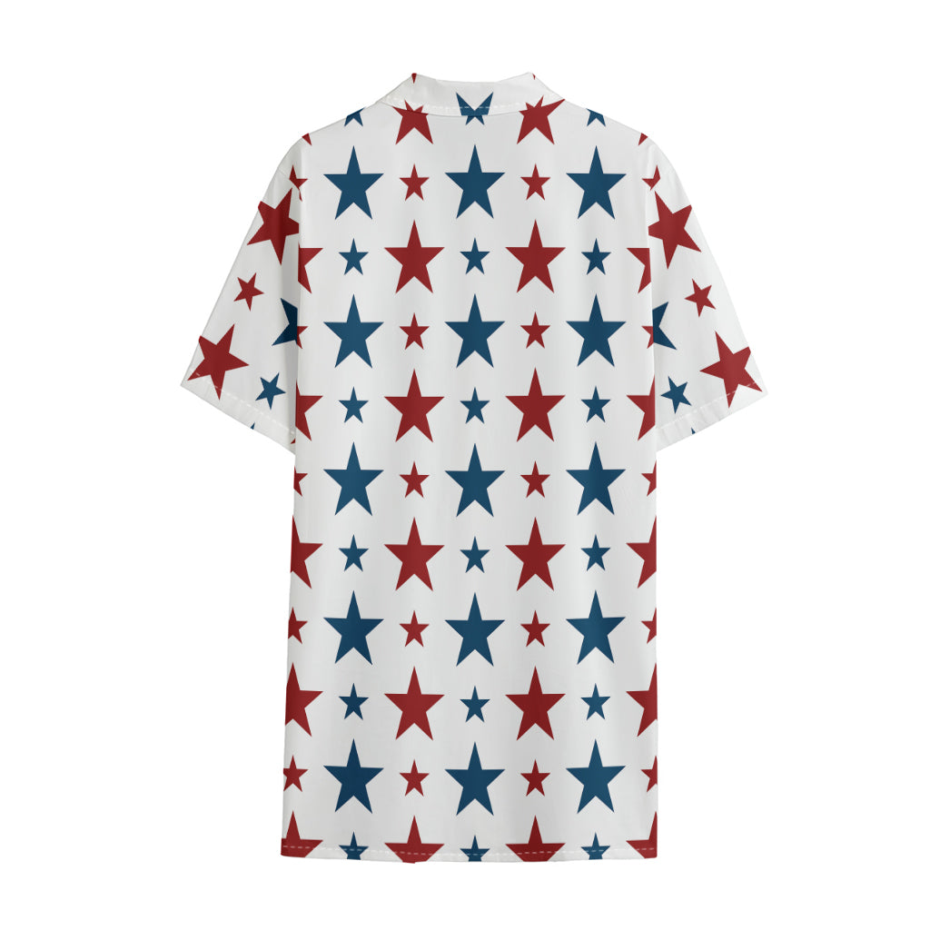 Red And Blue USA Star Pattern Print Cotton Hawaiian Shirt