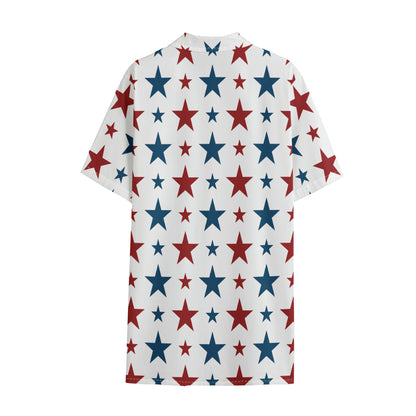 Red And Blue USA Star Pattern Print Cotton Hawaiian Shirt