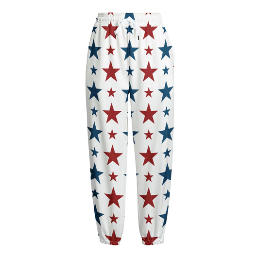 Red And Blue USA Star Pattern Print Fleece Lined Knit Pants