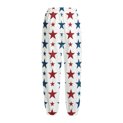 Red And Blue USA Star Pattern Print Fleece Lined Knit Pants
