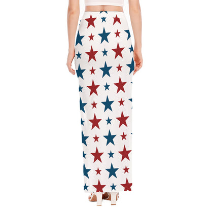 Red And Blue USA Star Pattern Print High Slit Maxi Skirt