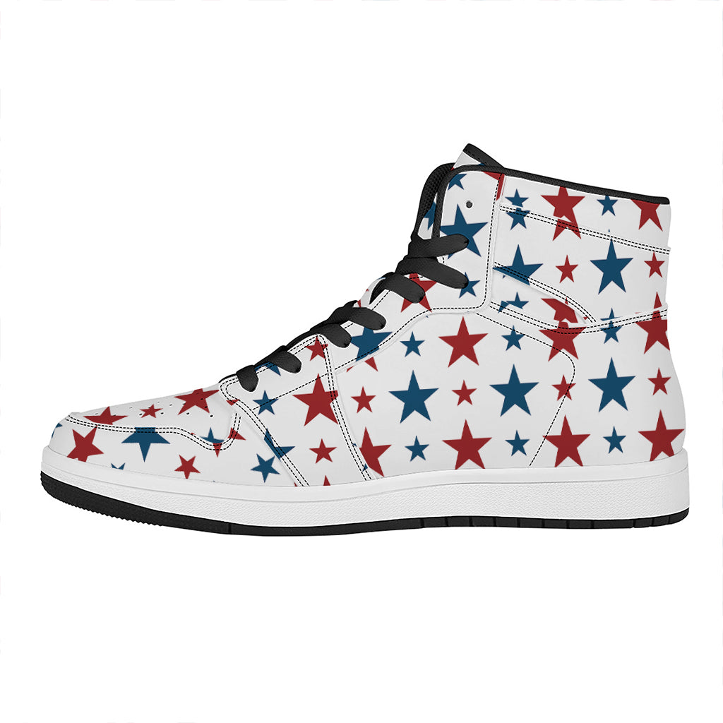 Red And Blue USA Star Pattern Print High Top Leather Sneakers