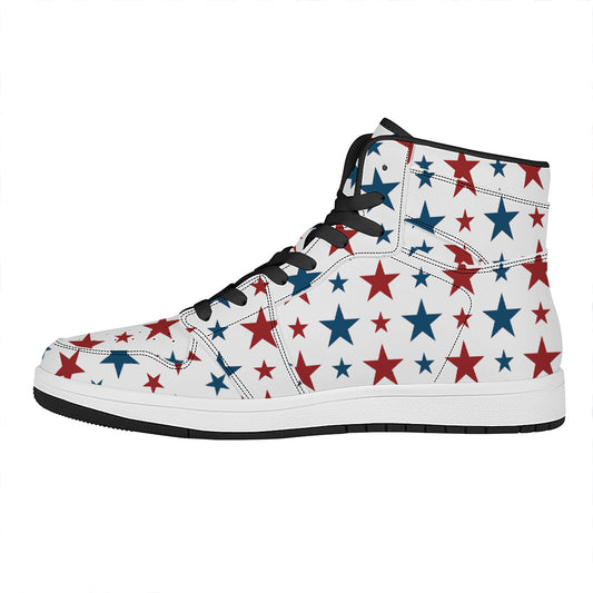 Red And Blue USA Star Pattern Print High Top Leather Sneakers