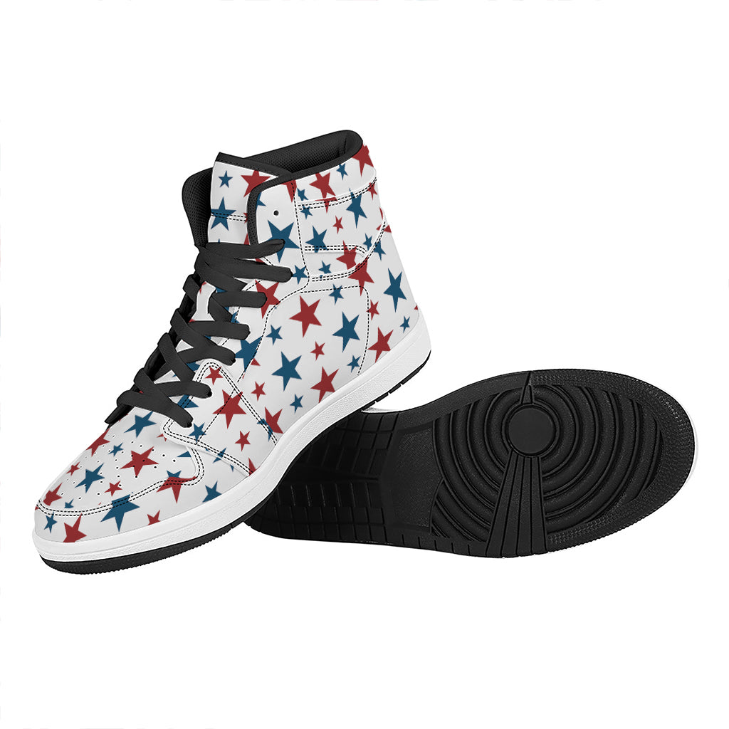 Red And Blue USA Star Pattern Print High Top Leather Sneakers