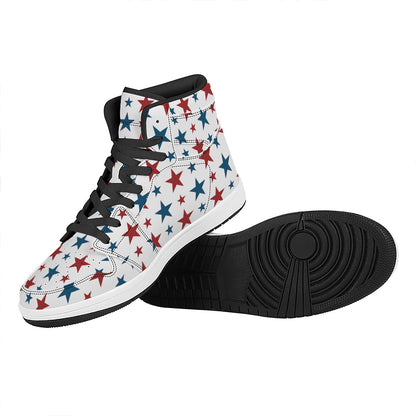 Red And Blue USA Star Pattern Print High Top Leather Sneakers