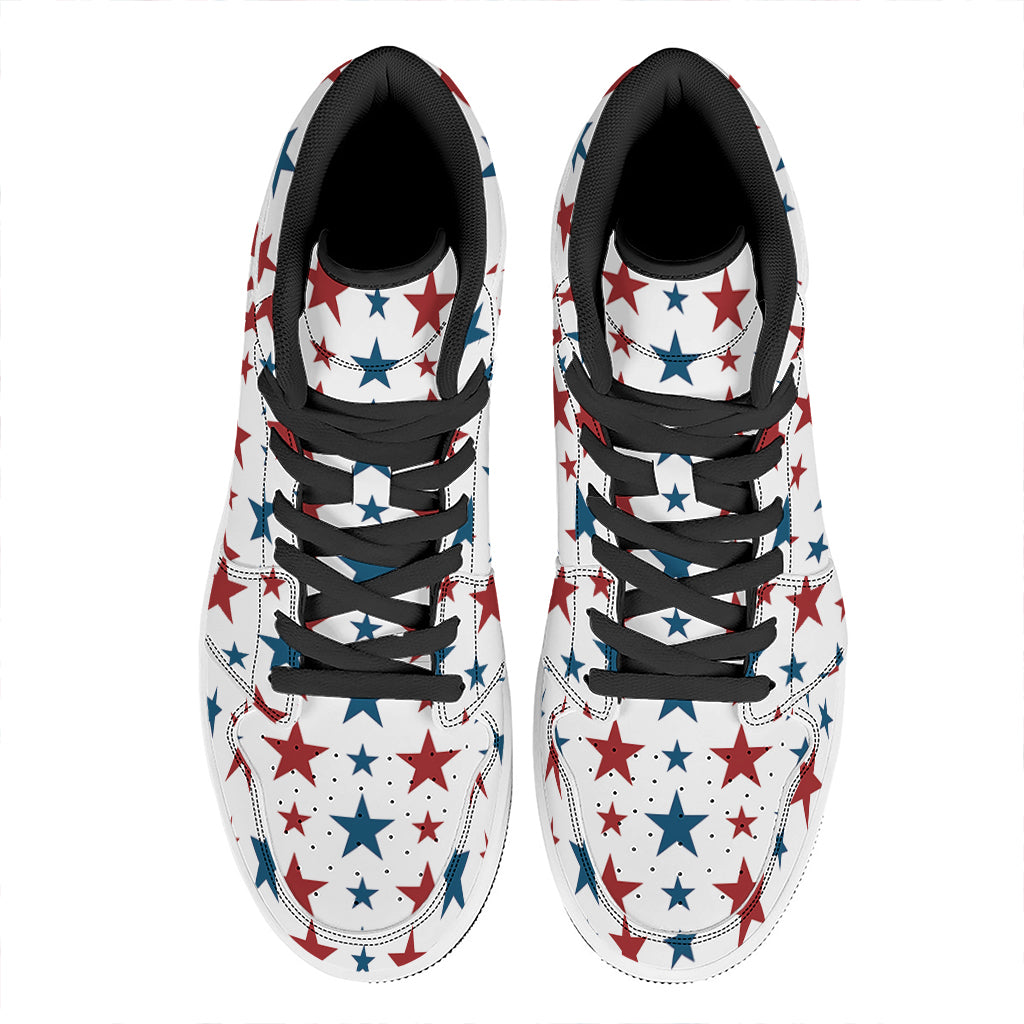 Red And Blue USA Star Pattern Print High Top Leather Sneakers