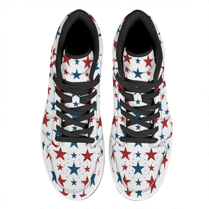 Red And Blue USA Star Pattern Print High Top Leather Sneakers