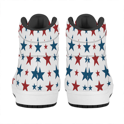 Red And Blue USA Star Pattern Print High Top Leather Sneakers
