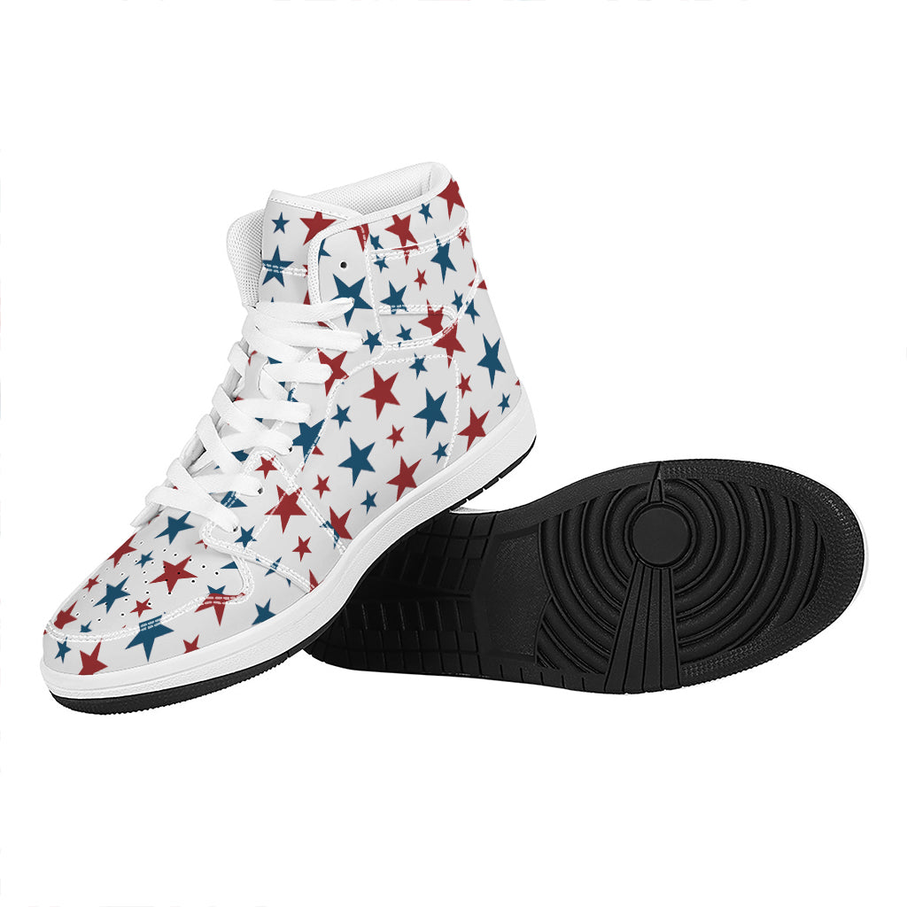 Red And Blue USA Star Pattern Print High Top Leather Sneakers