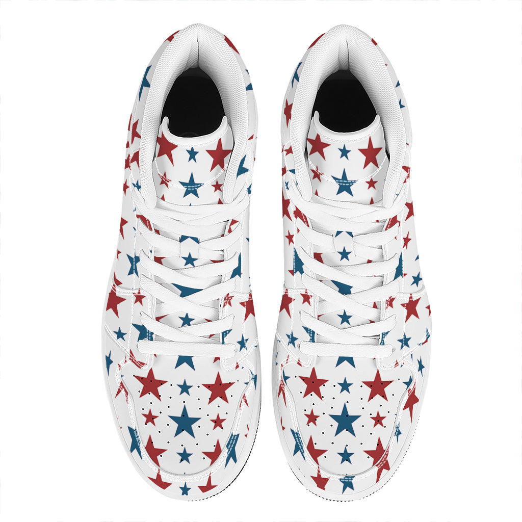Red And Blue USA Star Pattern Print High Top Leather Sneakers