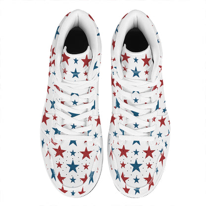 Red And Blue USA Star Pattern Print High Top Leather Sneakers