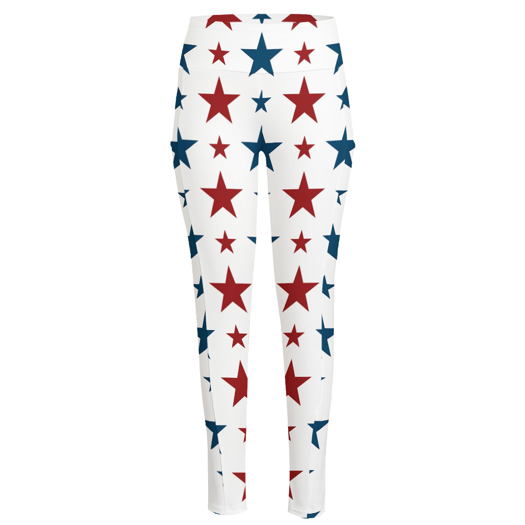 Red And Blue USA Star Pattern Print High-Waisted Pocket Leggings