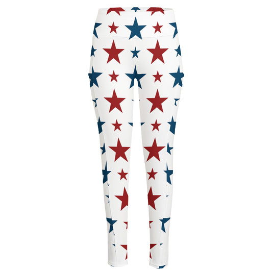 Red And Blue USA Star Pattern Print High-Waisted Pocket Leggings