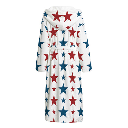 Red And Blue USA Star Pattern Print Hooded Bathrobe