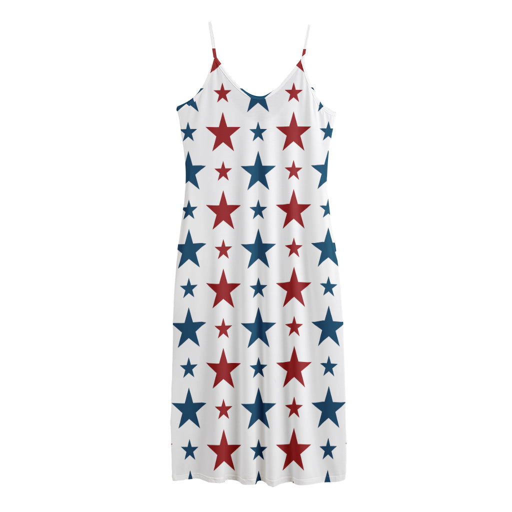 Red And Blue USA Star Pattern Print Jersey Midi Cami Dress