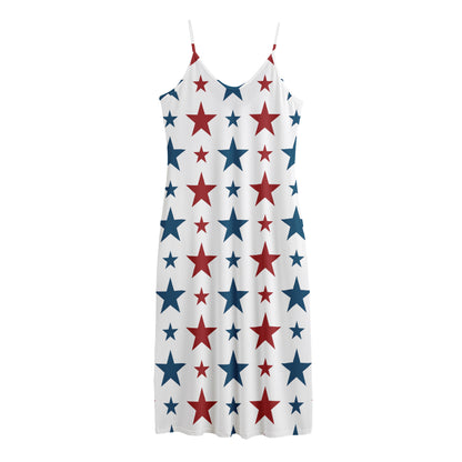 Red And Blue USA Star Pattern Print Jersey Midi Cami Dress