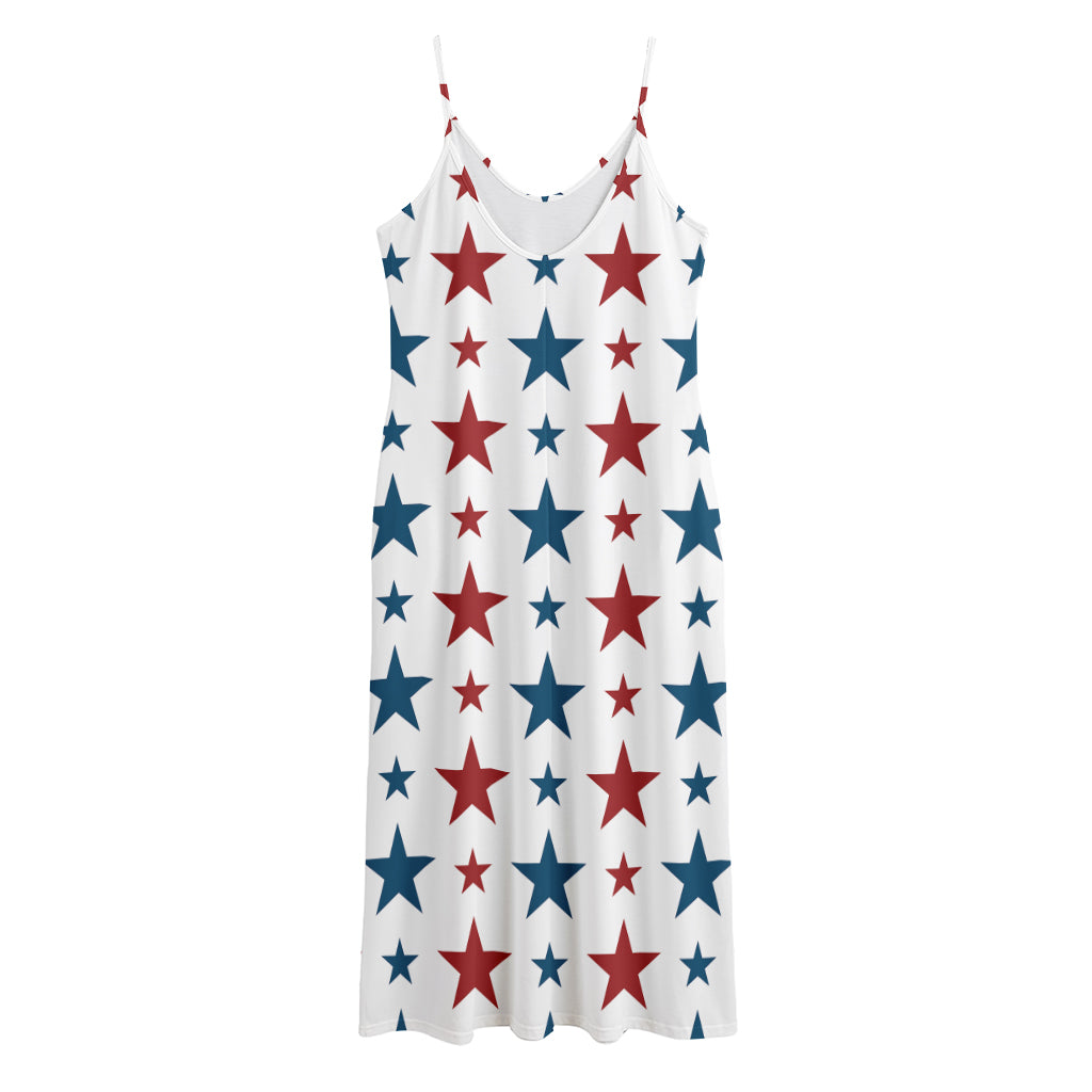 Red And Blue USA Star Pattern Print Jersey Midi Cami Dress